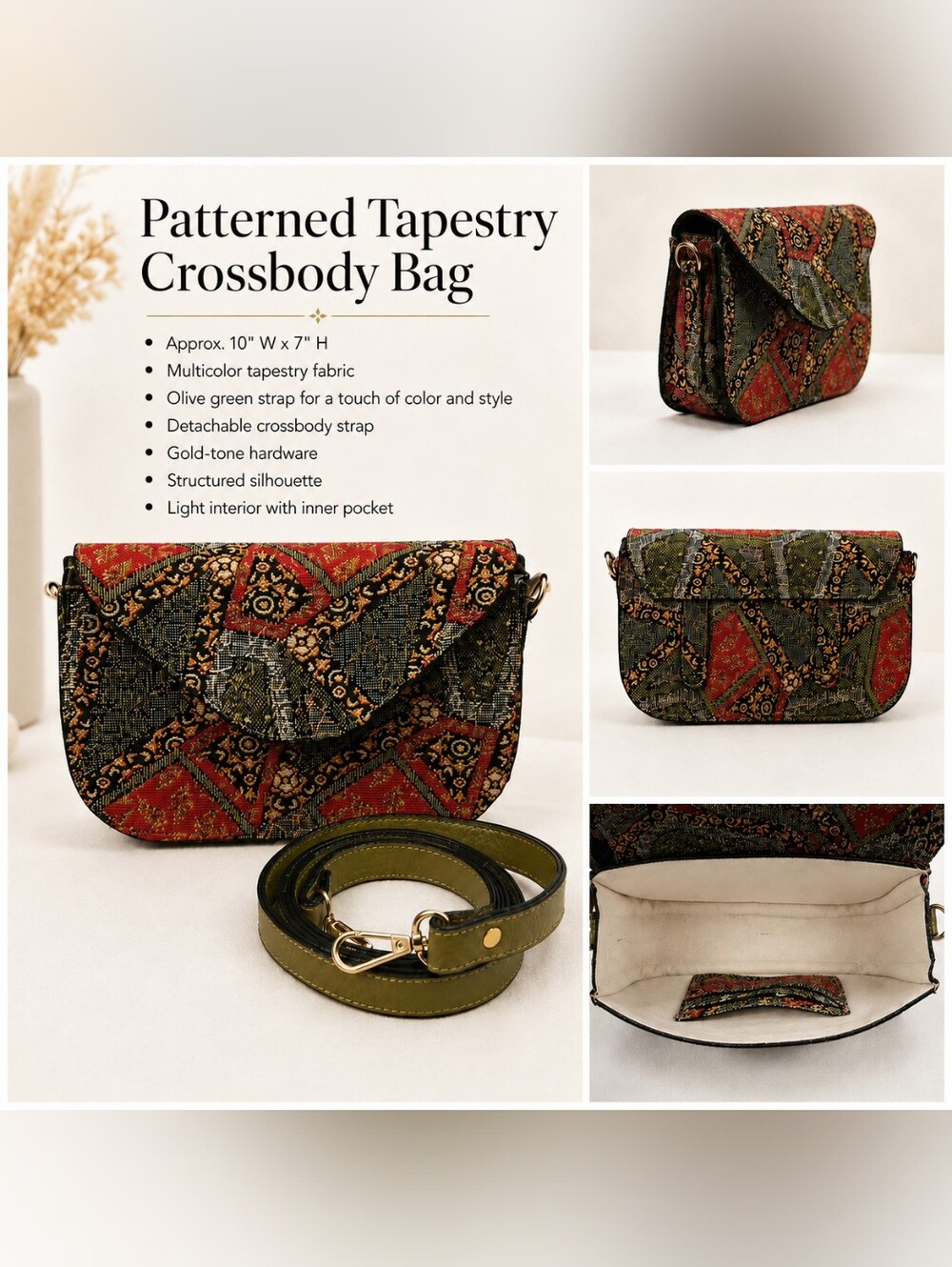 Patterned Tapestry Crossbody Bag - Olive Green Strap